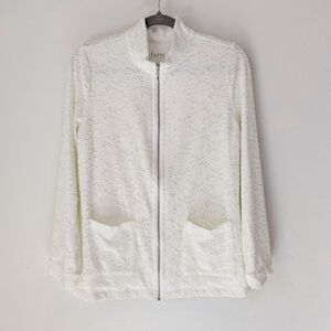 D&Co Lace Overlay Jacket Ivory White Zip Front with Pockets Size S. Oversized